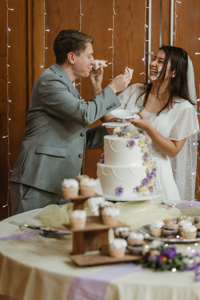 Cake cutting in LDS Church in Hemet, CA on a wedding day.