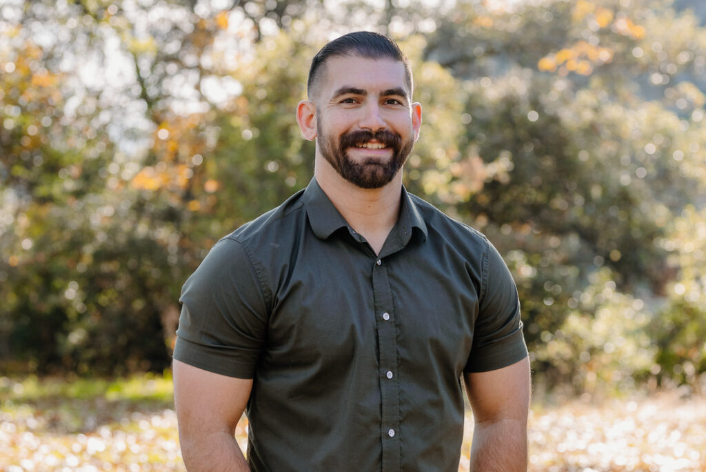 Dad smiling in Oak Glen, CA for photoshoot. 